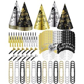 144 قطعة من لوازم حفلات رأس السنة الجديدة من Wettarn 2025 ديكورات سنة جديدة سعيدة تتضمن 24 قبعة، 24 تاجًا، 48 سكوكرز، 48 ليس in Kuwait