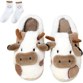Cow Slippers for Women - Fluffy Animal Slippers for Adults, Cartoon Cute Cow Slides, Kawaii Winter Aesthetic Slippers, Fuzzy and Cozy Cotton House Shoes for Indoor and Outdoor Wear, Soft Warm Plush