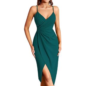 Missufe Women's Wrap V Neck Sleeveless Spaghetti Strap Ruched Bodycon Midi Slit Summer Party Cocktail Dress