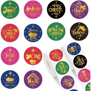 1000Pcs Gold Foil Christmas Nativity Stickers Roll Self-Adhesive Xmas Holy Night Label Stickers Decal for Holiday Party Favor Decor, 12 Designs