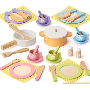 Toyssa 34 PCS Wooden Play Dishes and Plates Kitchen Set Toys for Toddler, Kids Play Kitchen Accessories with Pan & Tableware, Montessori Pretend Cooking Set Birthday Gifts for 3 4 5 6 Years Girls Boys