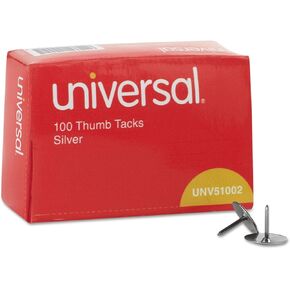 Universal Thumb Tacks, Steel, Silver, 0.31", 100/Box