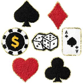 7 Pcs Playing Cards Chenille Patches Red Black Hearts Spades Diamonds Clubs Sew Iron on Repair Embroidered Applique Las Vegas Gaming Poker Ace Chips Dice DIY Craft Gift for Clothes Backpack Hat