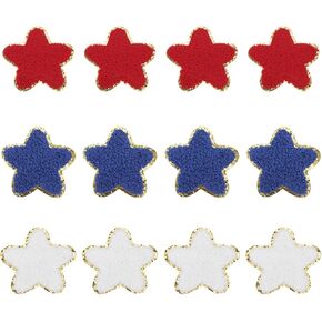 MECCANIXITY 12 PCS Star Embroidered Patches Patriotic Gold Edge Chenille Patches Star Appliques for Clothing Bags Laptop Decorations, Red Blue White