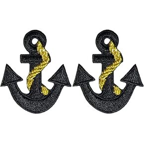 Set 2 of Small Cute Mini Anchor Marine Nautical Sailor Naval Rope Shape Sign Badge Tiny Decal Applique Sew Iron on Embroidered Patches - Black Gold (Anchor-BKGL-MINI2)