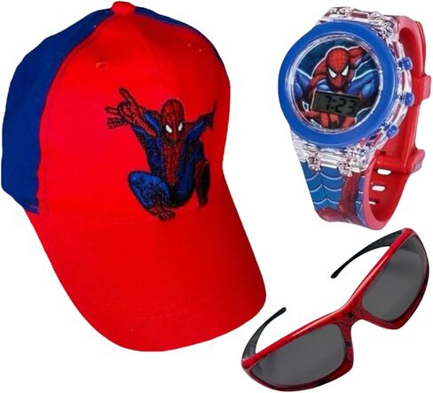 GIFTPLAY! Kids Boys Superhero Baseball Cap Hat & Flash Light Luminous Digital Quartz Watch Time & Polarized Sport Sunglasses Theme: Spiderman Acccesories Gift Set 3 Pcs Red and Blue, Red and Blue, 6 in Kuwait