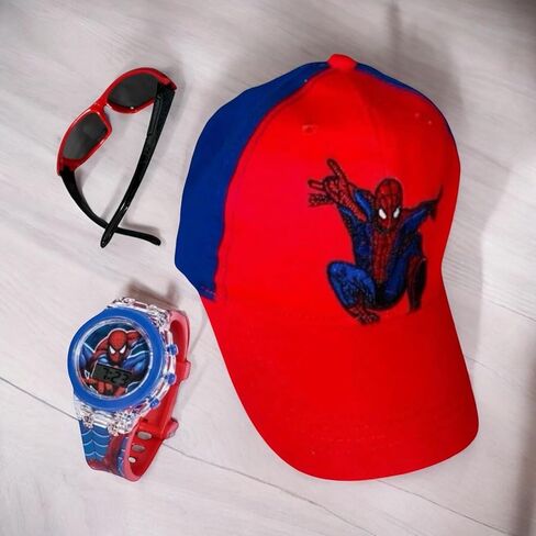 GIFTPLAY! Kids Boys Superhero Baseball Cap Hat & Flash Light Luminous Digital Quartz Watch Time & Polarized Sport Sunglasses Theme: Spiderman Acccesories Gift Set 3 Pcs Red and Blue, Red and Blue, 6 in Kuwait