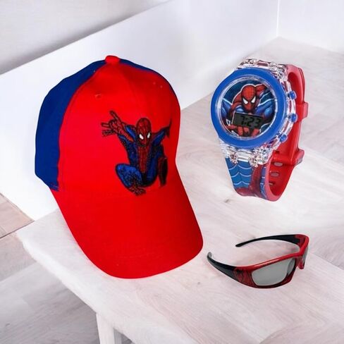 GIFTPLAY! Kids Boys Superhero Baseball Cap Hat & Flash Light Luminous Digital Quartz Watch Time & Polarized Sport Sunglasses Theme: Spiderman Acccesories Gift Set 3 Pcs Red and Blue, Red and Blue, 6 in Kuwait