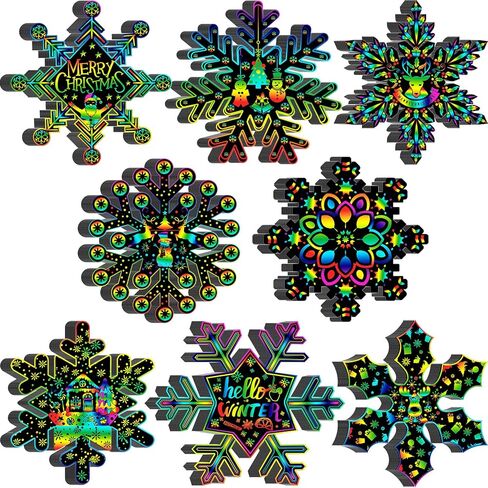 Hollowfly 80 Pcs Snowflake Scratch Cards Christmas Scratch Ornaments for Kids Rainbow Winter Crafts Christmas Party Supplies for Winter Xmas Gift Home Classroom DIY Activities in Kuwait