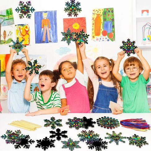 Hollowfly 80 Pcs Snowflake Scratch Cards Christmas Scratch Ornaments for Kids Rainbow Winter Crafts Christmas Party Supplies for Winter Xmas Gift Home Classroom DIY Activities in Kuwait