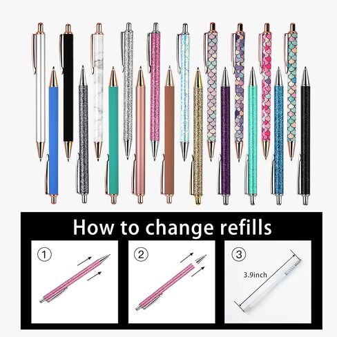 YOUMI 7/8 Pcs Retractable Ballpoint Pen，Pretty Bling Metal Writing Pens，Black Ink Medium Point 1.0 mm Gift Pens, Cute Journaling Pens Office Supplies for Women & Men (set 2) in Kuwait