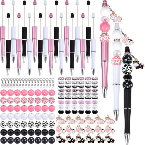 18 Pieces Beadable Pen Diy Cow Series Ballpoint Pen Set In Black Ink, With 110 Various Beads, 18 Pcs Lobster Clasps, 18 Cow Pendants, Diy Gifts Crafts School Office Supplies in Kuwait
