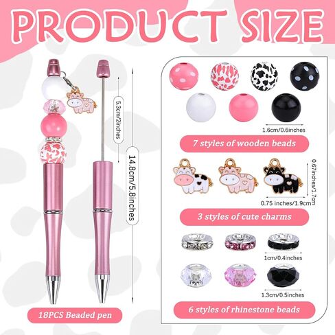 18 Pieces Beadable Pen Diy Cow Series Ballpoint Pen Set In Black Ink, With 110 Various Beads, 18 Pcs Lobster Clasps, 18 Cow Pendants, Diy Gifts Crafts School Office Supplies in Kuwait