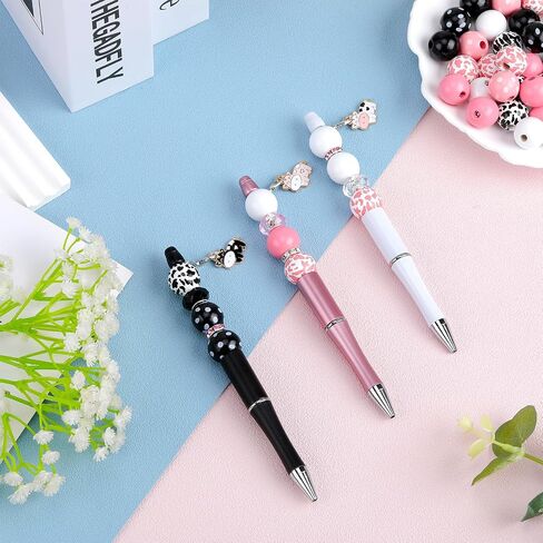 18 Pieces Beadable Pen Diy Cow Series Ballpoint Pen Set In Black Ink, With 110 Various Beads, 18 Pcs Lobster Clasps, 18 Cow Pendants, Diy Gifts Crafts School Office Supplies in Kuwait