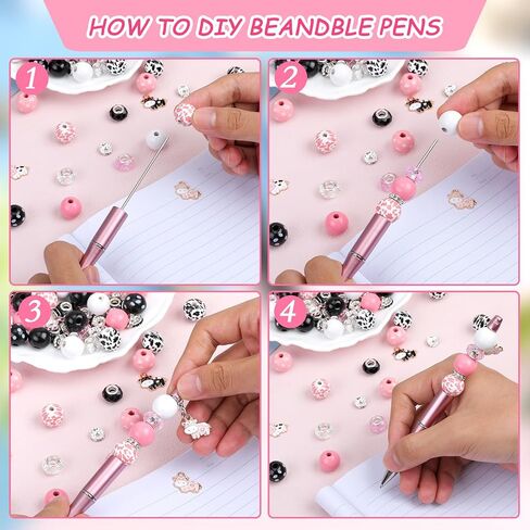 18 Pieces Beadable Pen Diy Cow Series Ballpoint Pen Set In Black Ink, With 110 Various Beads, 18 Pcs Lobster Clasps, 18 Cow Pendants, Diy Gifts Crafts School Office Supplies in Kuwait