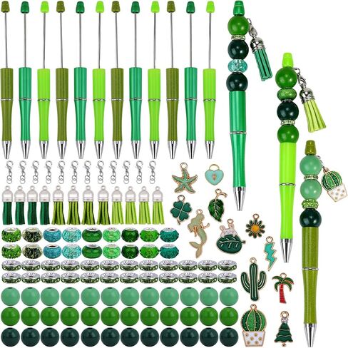 18 Pieces Beadable Pen Diy Cow Series Ballpoint Pen Set In Black Ink, With 110 Various Beads, 18 Pcs Lobster Clasps, 18 Cow Pendants, Diy Gifts Crafts School Office Supplies in Kuwait