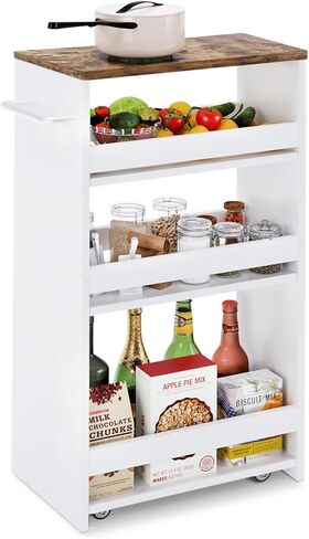TEAMIX 4 Tier Slim Storage Cart with Handle, Slide Out Storage Rolling Utility Cart Mobile Shelving Unit Organizer Trolley for Small Spaces Kitchen Laundry Narrow Places (Black+Brown, 7-7/8'' W) in Saudi Arabia