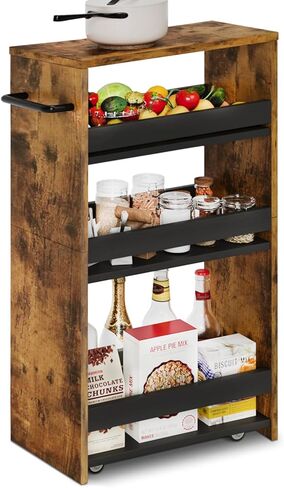 TEAMIX 4 Tier Slim Storage Cart with Handle, Slide Out Storage Rolling Utility Cart Mobile Shelving Unit Organizer Trolley for Small Spaces Kitchen Laundry Narrow Places (Black+Brown, 7-7/8'' W) in Saudi Arabia