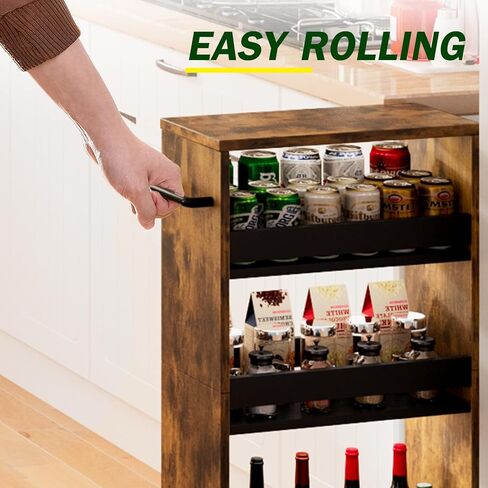 TEAMIX 4 Tier Slim Storage Cart with Handle, Slide Out Storage Rolling Utility Cart Mobile Shelving Unit Organizer Trolley for Small Spaces Kitchen Laundry Narrow Places (Black+Brown, 7-7/8'' W) in Saudi Arabia