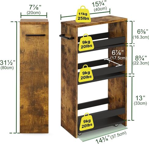 TEAMIX 4 Tier Slim Storage Cart with Handle, Slide Out Storage Rolling Utility Cart Mobile Shelving Unit Organizer Trolley for Small Spaces Kitchen Laundry Narrow Places (Black+Brown, 7-7/8'' W) in Saudi Arabia