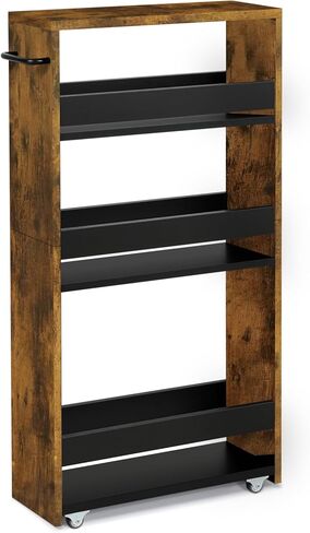 TEAMIX 4 Tier Slim Storage Cart with Handle, Slide Out Storage Rolling Utility Cart Mobile Shelving Unit Organizer Trolley for Small Spaces Kitchen Laundry Narrow Places (Black+Brown, 7-7/8'' W) in Saudi Arabia