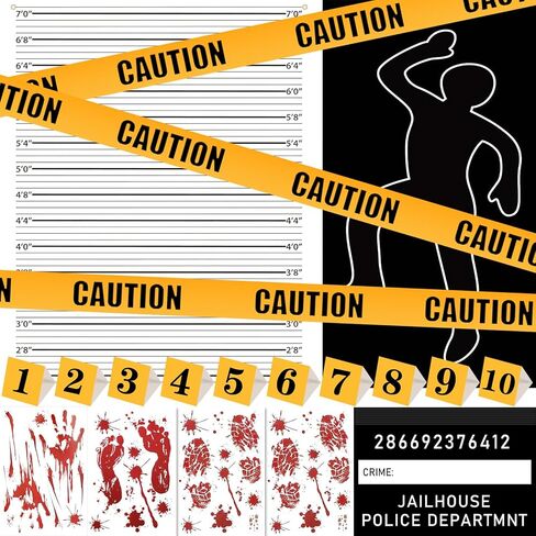 HFTZZ 31 قطعة من مجموعات تزيين مسرح الجريمة للهالوين، لوازم ألعاب حفلات العشاء الغامضة تتضمن صورة ظلية للجسم وشريط مسرح الجريمة وعلامات أدلة وملصق دموي ودعائم كشك الصور in Kuwait