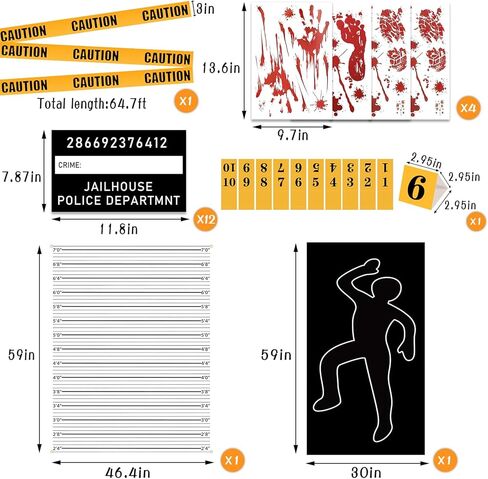 HFTZZ 31 قطعة من مجموعات تزيين مسرح الجريمة للهالوين، لوازم ألعاب حفلات العشاء الغامضة تتضمن صورة ظلية للجسم وشريط مسرح الجريمة وعلامات أدلة وملصق دموي ودعائم كشك الصور in Kuwait