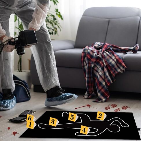 HFTZZ 31 قطعة من مجموعات تزيين مسرح الجريمة للهالوين، لوازم ألعاب حفلات العشاء الغامضة تتضمن صورة ظلية للجسم وشريط مسرح الجريمة وعلامات أدلة وملصق دموي ودعائم كشك الصور in Kuwait