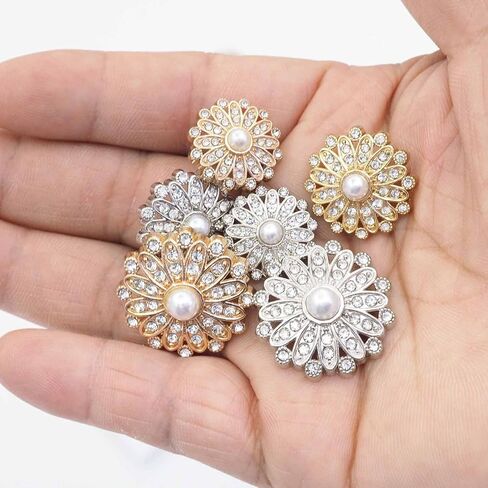 20PCS Alloy Embellishment Buttons with Artificial Pearls and Rhinestones Set for Coat，Suits，Knitting Sweaters, Sewing Crafting, Replacement, Handmade Crafts stored in a Plastic Box (Silver) in Kuwait