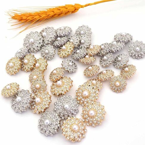 20PCS Alloy Embellishment Buttons with Artificial Pearls and Rhinestones Set for Coat，Suits，Knitting Sweaters, Sewing Crafting, Replacement, Handmade Crafts stored in a Plastic Box (Silver) in Kuwait