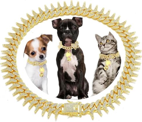 Serijoars Dog Chain Collar, Side Spiked Style Necklace Bling Diamond Cuban Link Dog Collars Glitter Rhinestone Puppy Collar for for Small Medium Large Pet Dogs Cats (Gold, 24 Inches) in Saudi Arabia