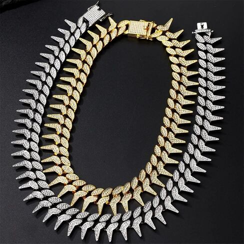Serijoars Dog Chain Collar, Side Spiked Style Necklace Bling Diamond Cuban Link Dog Collars Glitter Rhinestone Puppy Collar for for Small Medium Large Pet Dogs Cats (Gold, 24 Inches) in Saudi Arabia