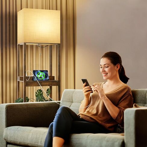 مصباح أرضي واسع من Dott Arts مع أرفف، ومصباح رف مع شاحن لاسلكي ومنافذ USB A+C ومنفذي تيار متردد، و3 مصابيح أرضية طويلة الأمد بزاوية درجة حرارة اللون لغرفة المعيشة وغرفة النوم والمكتب (بني) in Saudi Arabia
