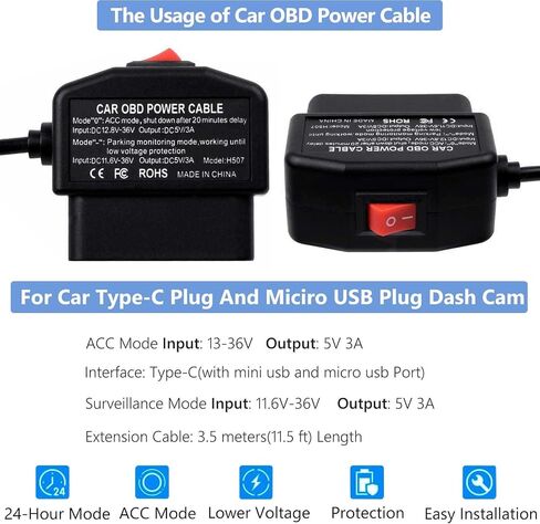 طقم كابل الطاقة obd obd كابل الطاقة obd كاميرا لوحة القيادة USB إلى النوع c عدة أسلاك صلبة لكاميرا Dashcam 12-24 فولت إلى 5 فولت / 3 أمبير مع حماية الجهد المنخفض 24 ساعة مراقبة وقوف السيارات / وضع Acc لكاميرا Dashcam أو GPS أو الرادار in Kuwait