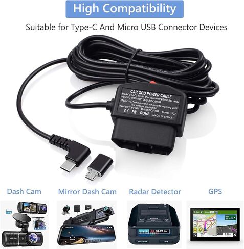 طقم كابل الطاقة obd obd كابل الطاقة obd كاميرا لوحة القيادة USB إلى النوع c عدة أسلاك صلبة لكاميرا Dashcam 12-24 فولت إلى 5 فولت / 3 أمبير مع حماية الجهد المنخفض 24 ساعة مراقبة وقوف السيارات / وضع Acc لكاميرا Dashcam أو GPS أو الرادار in Kuwait