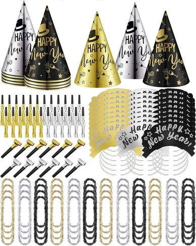 144 قطعة من لوازم حفلات رأس السنة الجديدة من Wettarn 2025 ديكورات سنة جديدة سعيدة تتضمن 24 قبعة، 24 تاجًا، 48 سكوكرز، 48 ليس in Kuwait