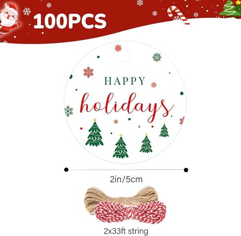 G2PLUS Happy Holiday Tags, 100PCS Christmas Holiday Tags, 2'' Round Holiday Gift Tags, Christmas Tree Paper Gift Tags with String for Xmas Gift Wrapping, DIY Arts & Crafts, Holiday Season Party Favors in Saudi Arabia