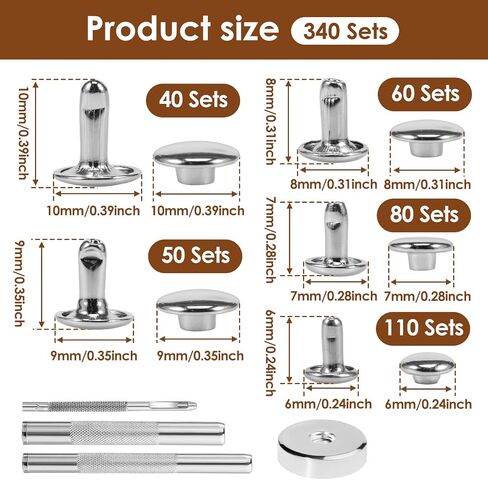 340 Sets Leather Rivets Kit with Setting Tool Kit and Storage Box 5 Sizes Double Cap Rivets Tubular Metal Studs Metal Leather Rivets Leather Craft Accessories for Bags Clothing Shoes Leather Craft US in Kuwait