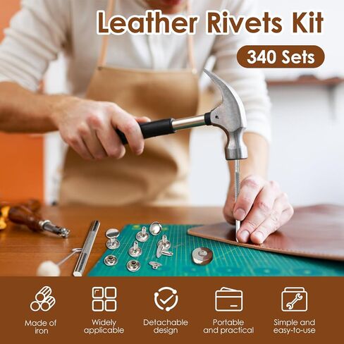 340 Sets Leather Rivets Kit with Setting Tool Kit and Storage Box 5 Sizes Double Cap Rivets Tubular Metal Studs Metal Leather Rivets Leather Craft Accessories for Bags Clothing Shoes Leather Craft US in Kuwait