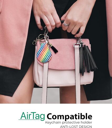 حامل سلسلة مفاتيح من النيوبرين مخطط بألوان قوس قزح مع حلقة ومشبك - متوافق مع حافظة Apple AirTag، ملحق جهاز تحديد المواقع الملون GPS in Kuwait