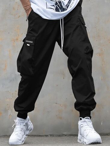 OYOANGLE Men's Casual Drawstring Elastic Waist Flap Pocket Letter Graphic Street Jogger Cargo Pants Apricot Large in Saudi Arabia