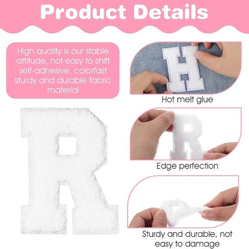 26 Pcs Chenille Letter Iron on Patches White Letter Patches Chenille Varsity A-Z Letter Patches Chenille Letter Applique Patches Cute Sew on Patch for Clothing Backpack Hat Jeans DIY Supplies in Saudi Arabia