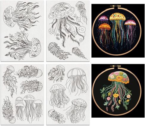 BENECREAT 4 Sheets 16 Pcs Jellyfish Water Soluble Embroidery Pattern, Stick and Stitch Embroidery Paper Wash Away Designs, Embroidery Starter for Beginners DIY Craft, Sewing Embroidery in Saudi Arabia