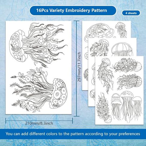 BENECREAT 4 Sheets 16 Pcs Jellyfish Water Soluble Embroidery Pattern, Stick and Stitch Embroidery Paper Wash Away Designs, Embroidery Starter for Beginners DIY Craft, Sewing Embroidery in Saudi Arabia