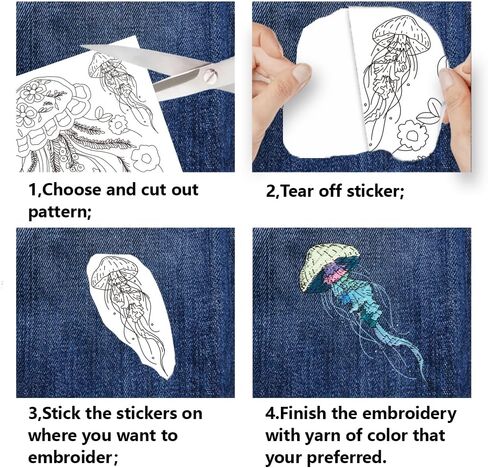 BENECREAT 4 Sheets 16 Pcs Jellyfish Water Soluble Embroidery Pattern, Stick and Stitch Embroidery Paper Wash Away Designs, Embroidery Starter for Beginners DIY Craft, Sewing Embroidery in Saudi Arabia