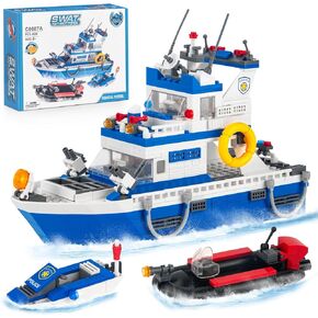City Police Boat Building Blocks Sets, Cool Patrol Rescue Coast Guard Ship with Race Boat Building Toys,480 Pcs STEM for Boys Girls 6-12