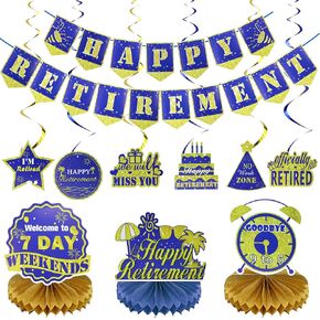 16Pcs Retirement Party Decorations, Blue Gold Retirement Decorations for Women Men, Happy Retirement Banner Hanging Swirls Retirement Table Decorations, Retirement Farewell Party Decor Supplies