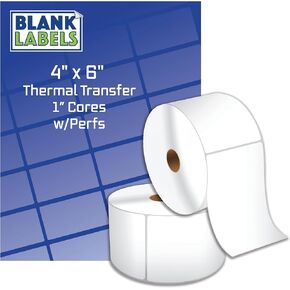 Blank Labels Thermal Transfer Shipping Labels, 4" x 1" Printer Labels on 1" Cores, 1,375 Labels Per roll, Made in The USA BPA Free