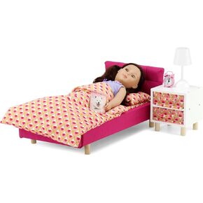 Emily Rose New 18" Doll Bedroom Gift Set - Includes Pink Fabric Bed, Bedding, Nightstand, with 2 Storage Bins, Working Lamp & Alarm Clock & Magazine | 14-18 inch Doll Wooden Furniture