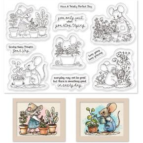 Cute Mouse Garden Planting Flowers Clear Stamps for Scrapbooking DIY Crafting Animals Clear Stamps for Paper Crafting for Card Making Garden Friends Clear Stamps Cut Dies Set Happy